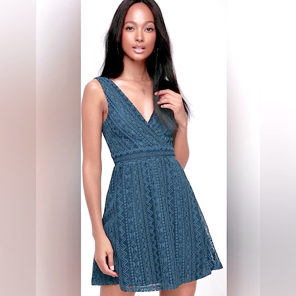 Lulus You Complete Me Navy & Blue Crochet Lace Skater Mini Dress